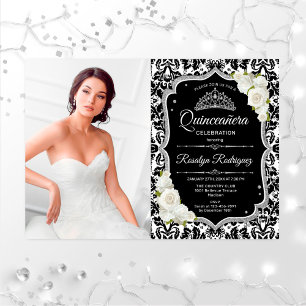 Invitation Quinceanera Party avec photo - Noir Argent Blanc
