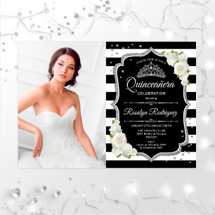 Invitation Quinceanera Party avec photo - Noir Argent Blanc