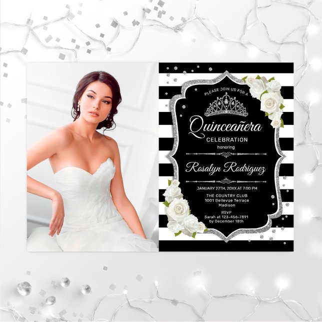 Invitation Quinceanera Party avec photo - Noir Argent Blanc (Créateur téléchargé)