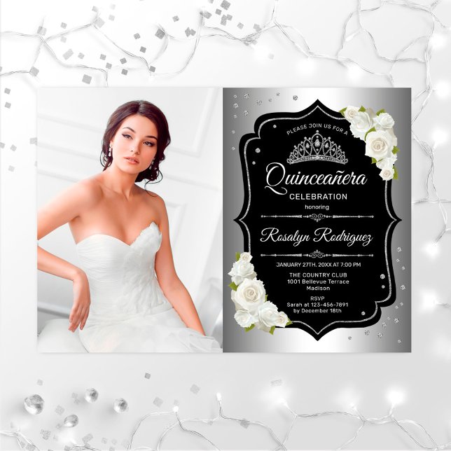 Invitation Quinceanera Party avec photo - Noir Argent Blanc (Créateur téléchargé)