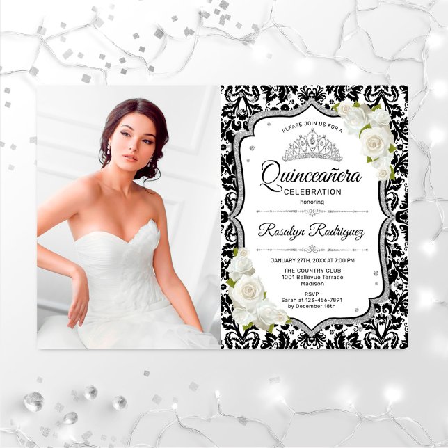 Invitation Quinceanera Party avec photo - Noir Argent Blanc (Créateur téléchargé)