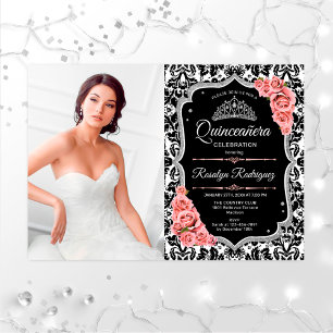 Invitation Quinceanera Party avec photo - Noir d'argent rose