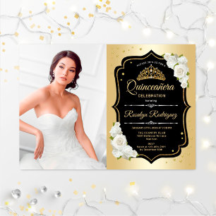 Invitation Quinceanera Party avec photo - Noir Or Blanc