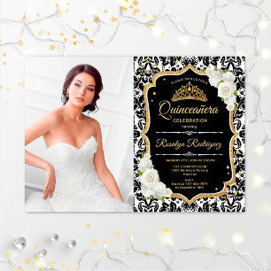 Invitation Quinceanera Party avec photo - Noir Or Blanc