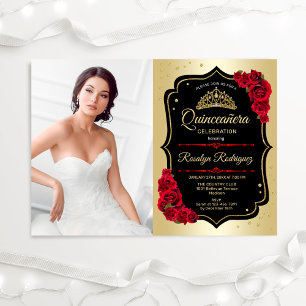 Invitation Quinceanera Party avec photo - Noir Or Rouge