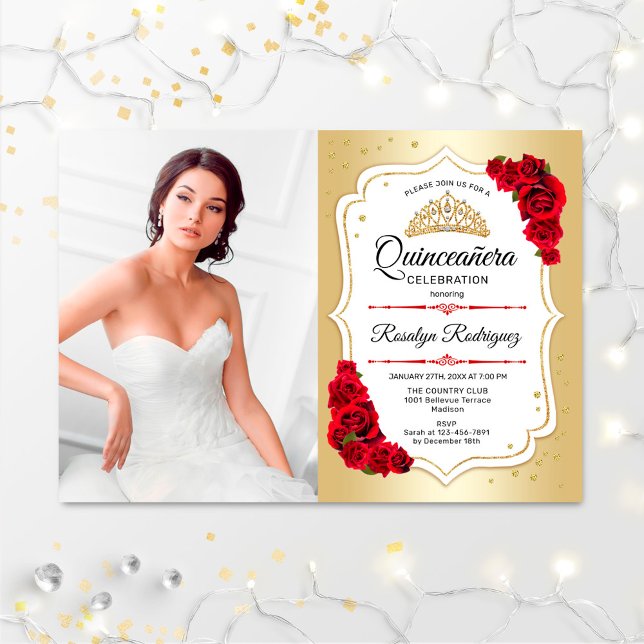 Invitation Quinceanera Party avec photo - Or Blanc Rouge (Créateur téléchargé)