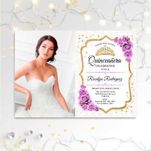 Invitation Quinceanera Party avec photo - Or blanc violet