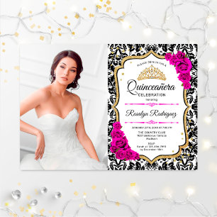 Invitation Quinceanera Party avec photo - Or rose Noir