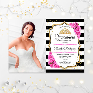 Invitation Quinceanera Party avec photo - Or rose Noir