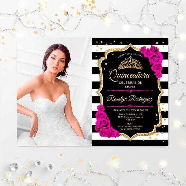 Invitation Quinceanera Party avec photo - Or rose Noir (Créateur téléchargé)