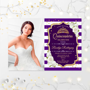 Invitation Quinceanera Party avec photo - Purple Gold Blanc
