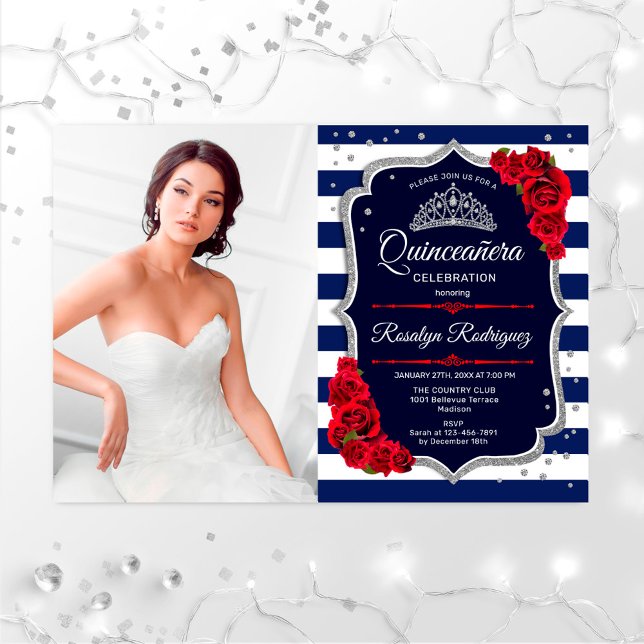 Invitation Quinceanera Party avec photo - Red Silver Navy (Créateur téléchargé)