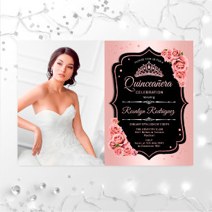 Invitation Quinceanera Party avec photo - Rose Gold Black