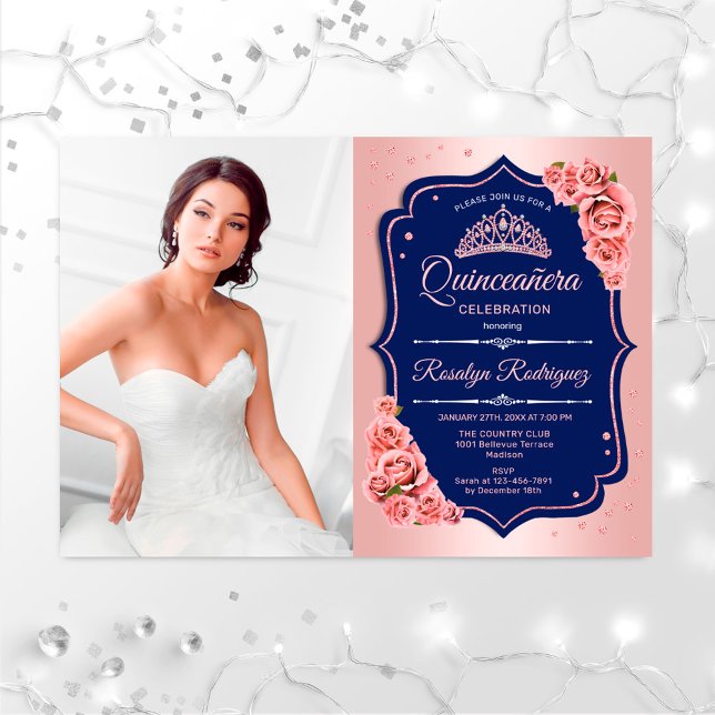 Invitation Quinceanera Party avec photo - Rose Gold Navy (Créateur téléchargé)