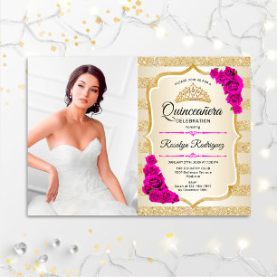 Invitation Quinceanera Party avec photo - Rose or