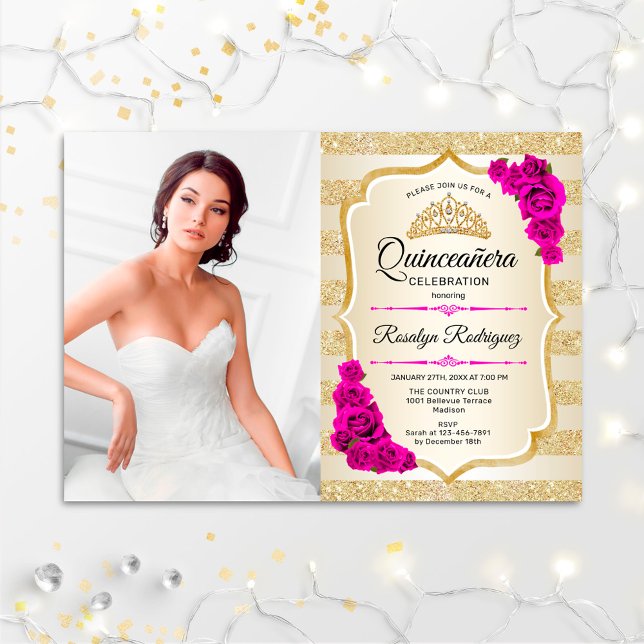 Invitation Quinceanera Party avec photo - Rose or (Créateur téléchargé)