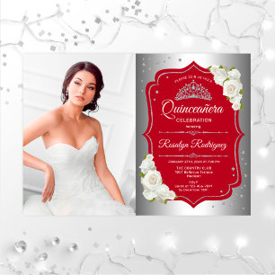 Invitation Quinceanera Party avec photo - Rouge Argent