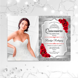 Invitation Quinceanera Party avec photo - Rouge Argent