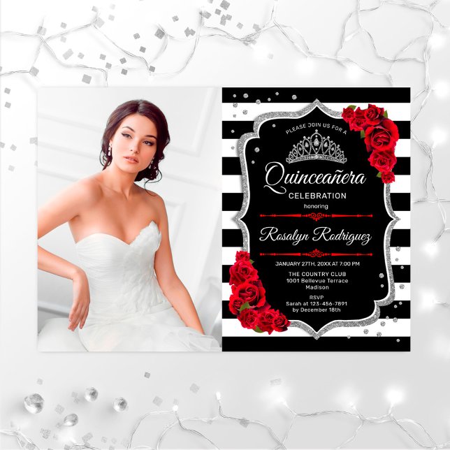 Invitation Quinceanera Party avec photo - Rouge Argent Noir (Créateur téléchargé)