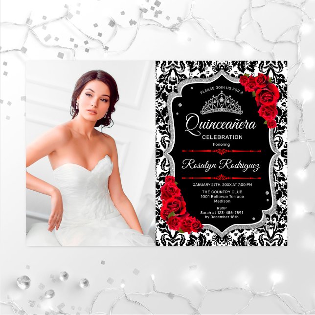 Invitation Quinceanera Party avec photo - Rouge Argent Noir (Créateur téléchargé)
