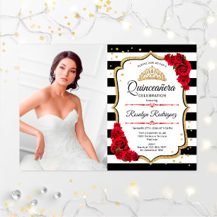 Invitation Quinceanera Party avec photo - Rouge Or Noir