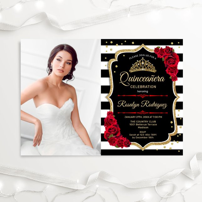 Invitation Quinceanera Party avec photo - Rouge Or Noir (Créateur téléchargé)