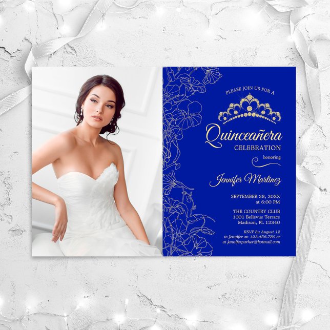 Invitation Quinceanera Party avec photo - Royal Blue Gold (Créateur téléchargé)