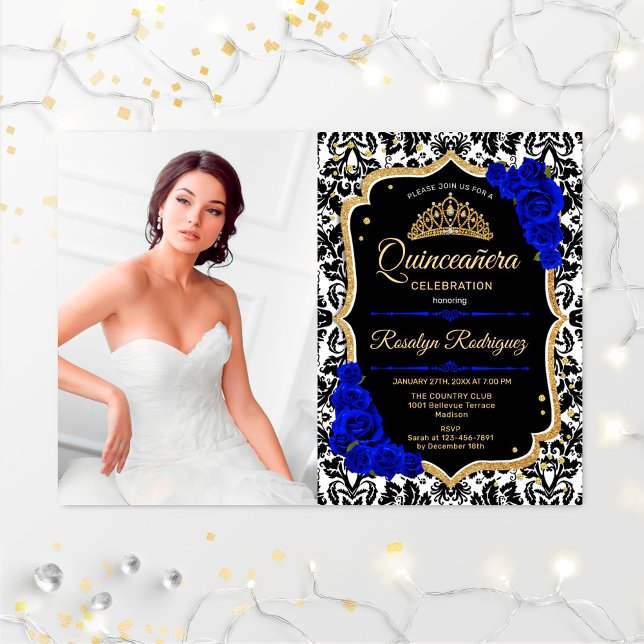 Invitation Quinceanera Party avec photo - Royal Blue Gold (Créateur téléchargé)