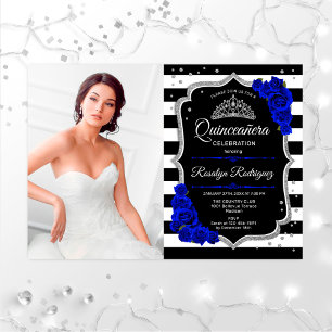 Invitation Quinceanera Party avec photo - Royal Blue Silver