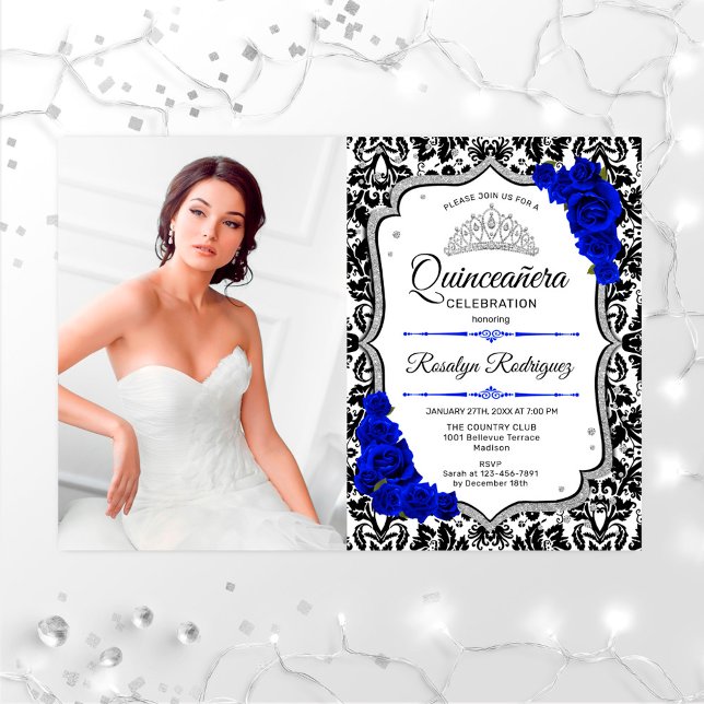 Invitation Quinceanera Party avec photo - Royal Blue Silver (Créateur téléchargé)