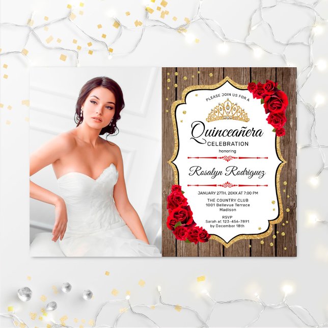 Invitation Quinceanera Party avec photo - Rustic Wood Gold (Créateur téléchargé)