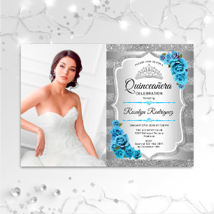 Invitation Quinceanera Party avec photo - Silver Icy Blue