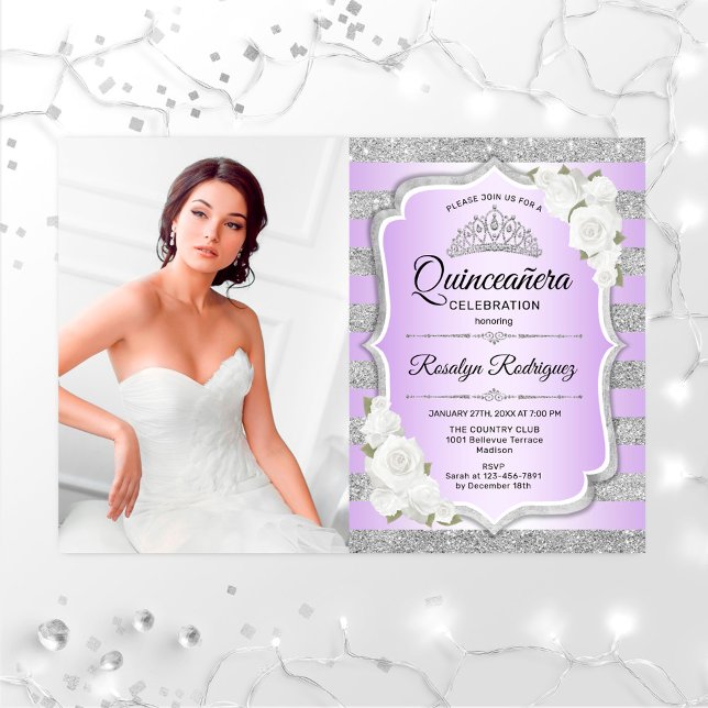Invitation Quinceanera Party avec photo - Silver Purple (Créateur téléchargé)