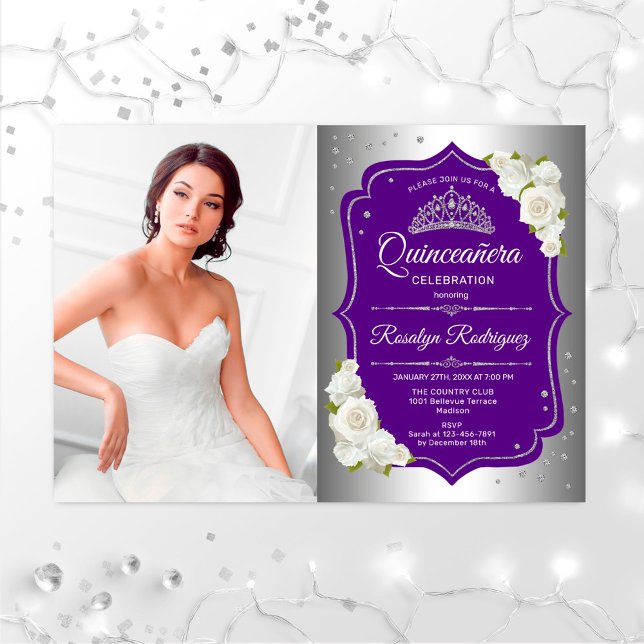 Invitation Quinceanera Party avec photo - Silver Purple (Créateur téléchargé)