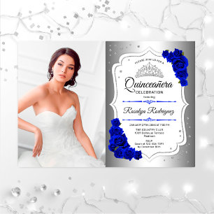 Invitation Quinceanera Party avec photo - Silver Royal Blue