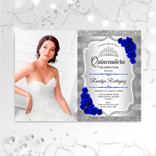 Invitation Quinceanera Party avec photo - Silver Royal Blue