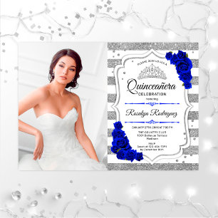 Invitation Quinceanera Party avec photo - Silver Royal Blue