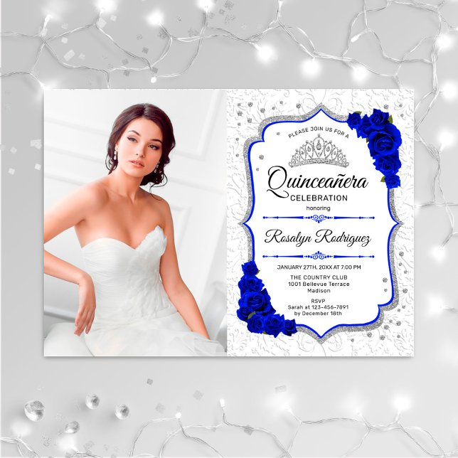 Invitation Quinceanera Party avec photo - Silver Royal Blue (Créateur téléchargé)