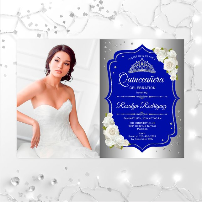 Invitation Quinceanera Party avec photo - Silver Royal Blue (Créateur téléchargé)