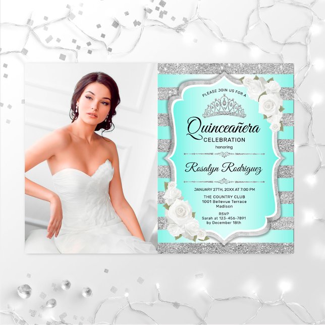 Invitation Quinceanera Party avec photo - Silver Turquoise (Créateur téléchargé)