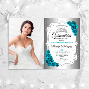Invitation Quinceanera Party avec photo - Silver Turquoise Bl