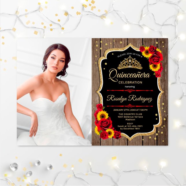 Invitation Quinceanera Party avec photo - Tournesols Rustique (Créateur téléchargé)