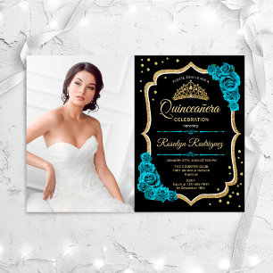 Invitation Quinceanera Party avec photo - Turquoise Black Gol