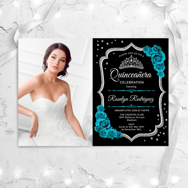 Invitation Quinceanera Party avec photo - Turquoise Black Sil (Créateur téléchargé)
