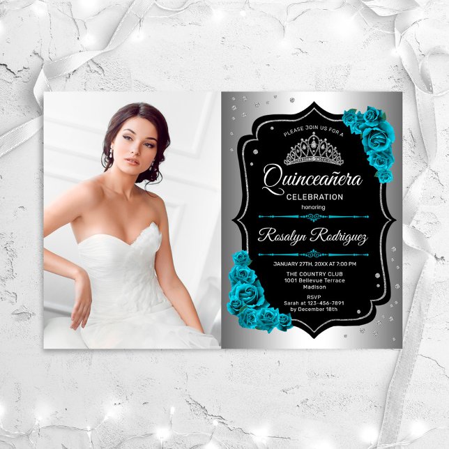 Invitation Quinceanera Party avec photo - Turquoise noir arge (Créateur téléchargé)