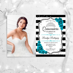 Invitation Quinceanera Party avec photo - Turquoise Silver Wh