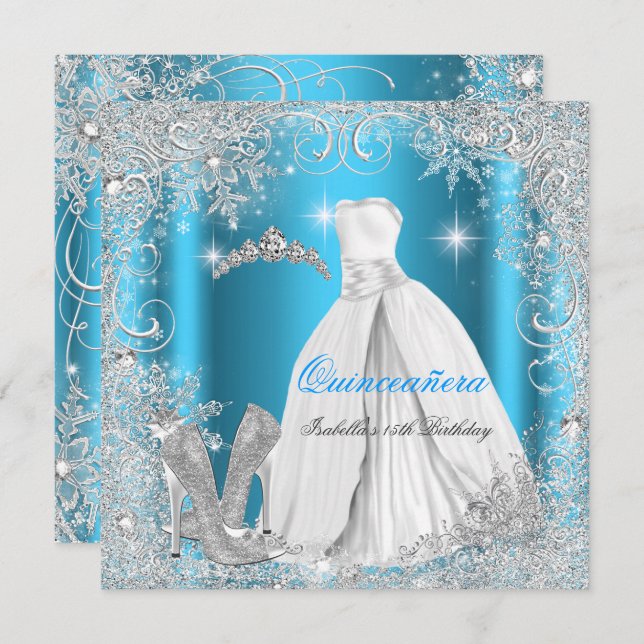 Invitation Quinceanera Party Blue Silver Winter Snowflakes (Devant / Derrière)