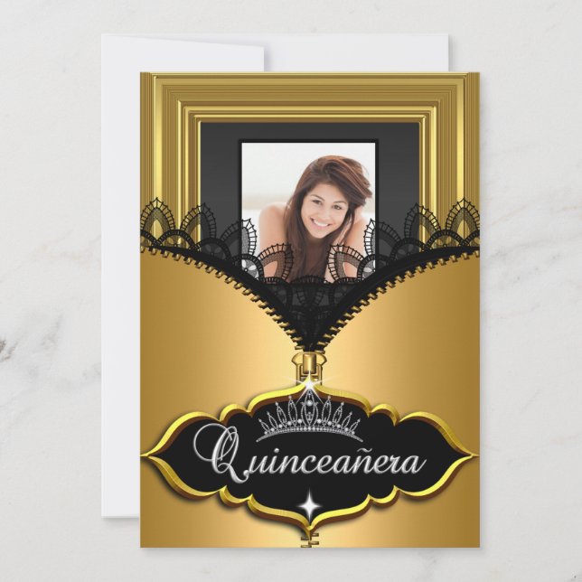 Invitation Quinceanera Party Gold Black Lace Girl Photo (Devant)