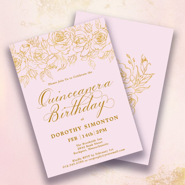 Invitation Quinceanera Party Gold Rose Floral Blush Pink (Créateur téléchargé)