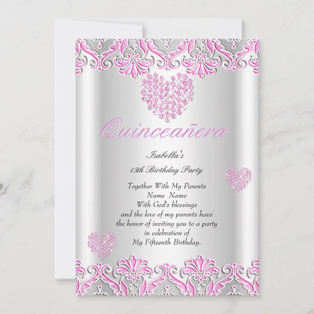 Invitation Quinceanera Party Joli Coeurs rose Dentelle 4 (Devant)